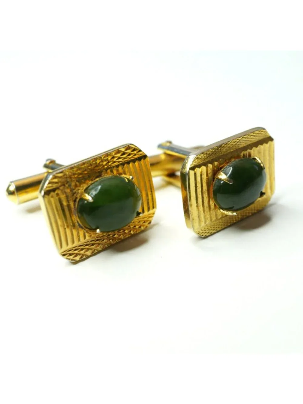 Vintage Mid Century Gold Tone Green Cabochon Cufflinks Tie Bar Set